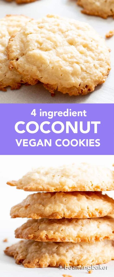 4 Ingredient Ultimate Chewy Vegan Coconut Cookies (Gluten Free, Paleo) - Beaming Baker Coconut Bars Recipe Healthy, Gluten Free Dairy Free Coconut Dessert, Vegan Keto Cookies Recipes, Keto Vegan Gluten Free Desserts, Coconut Gluten Free Recipes, Coconut Desserts Vegan, Paleo Coconut Desserts, Healthy Vegan Gluten Free Desserts, Vegan Coconut Dessert Recipes