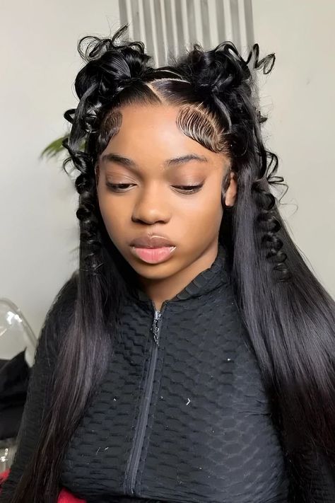 Half-Up Half-Down Weave Space Buns Ponytails With Weave, Two Ponytails With Weave, Space Bun Hairstyles, Braided Space Buns, Space Bun, Quick Weaves, Half Up Bun, Futuristic Space, Two Ponytails