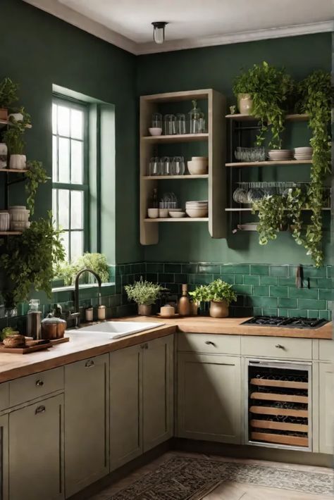 A warm and inviting kitchen with a combination of green walls beige Kitchen Dark Green Walls, Kitchen Paint Green Walls, Green Accent Wall In Kitchen, Galley Kitchen Green, Sage Green Kitchen Walls Brown Cabinets, Brown And Green Kitchen Ideas, Green Kitchen Walls Grey Cabinets, Dark Green Kitchen Walls White Cabinets, Kitchen Ideas Green Walls