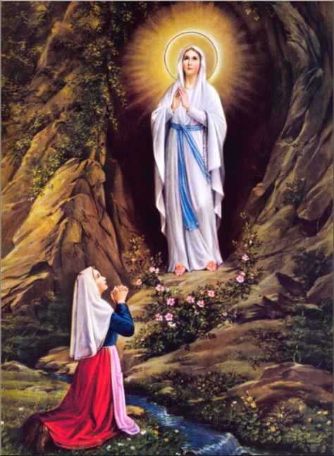 Our Lady's apparition to St. Bernadette at Lourdes Santa Bernadette, St Bernadette Soubirous, Marian Apparition, Lourdes France, Jesus And Mary, Blessed Mary, Religious Pictures, Mama Mary, Queen Of Heaven