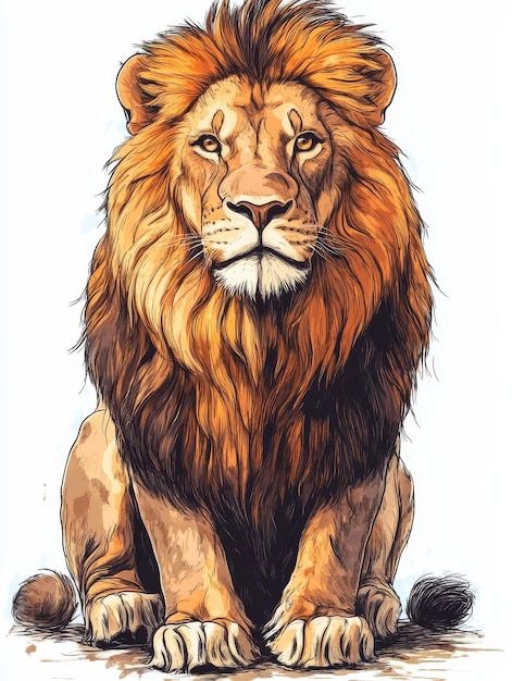 Majestic Lion Sitting with a Serene Gaze Sitting Lion Drawing, Lion Running Drawing, Lion Laying Down Drawing, Lion Sitting, Lion Image, Lion Vector Illustration, Ci Design, Lion Sketch, African Buffalo