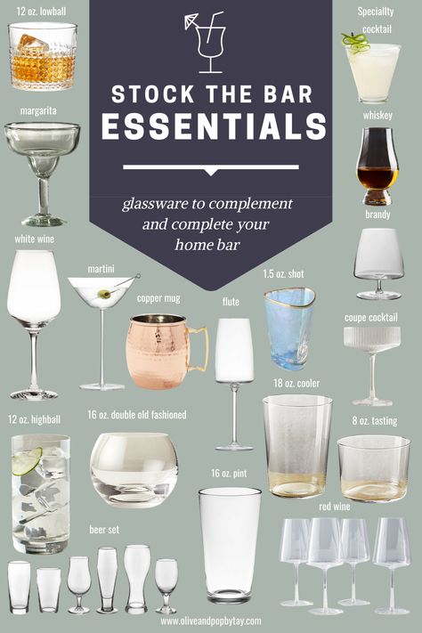 Bar Cart Essentials Drinks, Liquor Cabinet Glassware, Wet Bar Necessities, Cocktail Essentials Home Bars, Home Bar Glasses, Bar Glasses Guide, Glassware For Cocktails, Stocking A Home Bar, Bar Cart Glassware