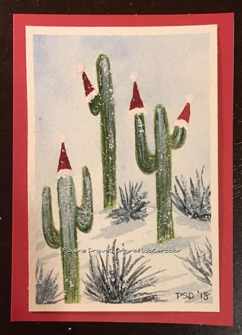 Desert Christmas Card, Cactus Christmas Cards Handmade, Cactus Christmas Card, Christmas Cactus Painting, Christmas In The Desert, Desert Christmas, Southwest Christmas, Cactus Watercolor, Painted Christmas Cards