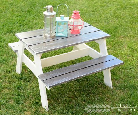 DIY Children's Picnic Table: Hey guys! I am beyond excited to share this project with you today! This little picnic table is my first truly functional piece and I just love how it turned out.. so much so – I can’t. stop. making. them. Ha! I have taken pictures of every step of… Kids Picnic Table Plans, Octagon Picnic Table, Farmhouse Bench Diy, Diy Picnic, Diy Picnic Table, White Tinsel, Picnic Table Plans, Kids Picnic Table, Diy Kids Furniture