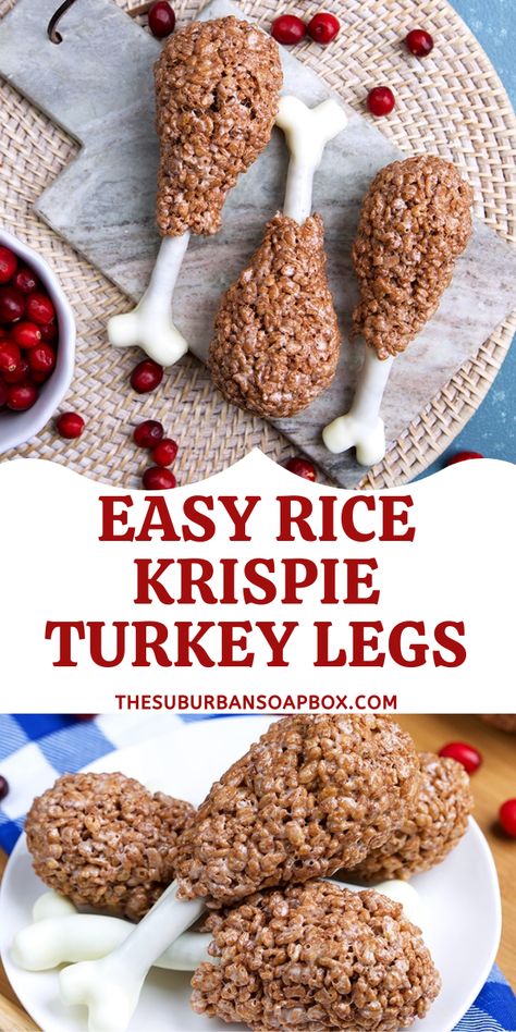 This fun dessert is absolutely Turkey-rific! Easy Rice Krispie Turkey Legs are super easy to make with simple ingredients like pretzels, white chocolate and marshmallows. Finished off with cocoa Krispies cereal, this is such a great treat for the kids to help out with during the holidays. Rice Krispie Turkey, Turkey Rice Krispie Treats, Rice Krispie Treats Recipe, Recipe Menu, Cocoa Krispies, Turkey Treats, Thanksgiving Snacks, Turkey Leg, Fun Dessert