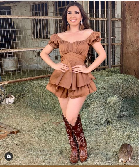 Dress Jaripeo Outfits, Boho Country Outfits Dresses, Dama Dresses With Boots, 15 Outfits Party With Boots, Vestidos Rancheros, Dress Vaquera Outfit, Rancho Quinceanera Outfit Guest, Dress With Cowboy Boots Mexican, Dress With Botas Vaqueras