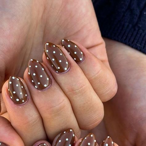 BRYNLEE | UT NAIL TECH on Instagram: "had to do these! @nailsby.londyn 🤎 @emiliekiser  color @madam_glam : “hi i’m chandler” - #nails #nailday #nailart #nailsofinstagram #naildesign #nailartist #naildesigns #nails #longnails #almondnails #luminary #luminarynails #gelnails #naturalnails #nailcommunity #utahnails #utnails #utahnailcommunity #nailsbybryn #fall #fallnails #fallnails🍁🍂 #brownnails #polkadots" Gel X Thanksgiving Nails, Brown Nails With Dots, Brown Nails White Polka Dots, Thanksgiving Neutral Nails, Gen Nail Design, Poca Dot Nails, Pokadot Nails Fall, Fun Brown Nails, Brown Dot Nails