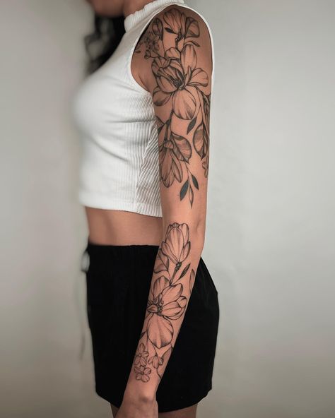 •magnolias• full floral sleeve completed 🌿 let’s work together to get your floral sleeve finished before summer is over 🌞 books are open for July and August! flash and custom designs available, more flash coming soon! ✨ #tattoo#tattooartist#nyctattooartist#brooklyntattooartist#femaletattooartist#nyctattoo#brooklyntattoo#finelinetattoo#blackandgreytattoo#floral#floraltattoosleeve Magnolia Tattoo Sleeve, Arm Flower Tattoo, Soon Tattoo, Magnolia Tattoo, Floral Sleeve, Sleeve Tattoos, Flower Tattoo, Magnolia, Coming Soon