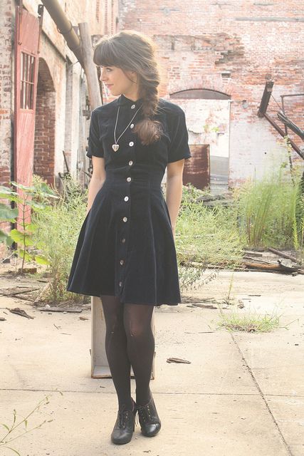 short sleeve all black buttons mini dress + tights + necklace | fall spring style Goth Dress Casual, Goth Librarian Outfits, Goth Librarian Aesthetic, Dress And Tights, Little Black Dress Outfit, Retro Pin Up, Black Dress Outfits, Retro Mode, Looks Black