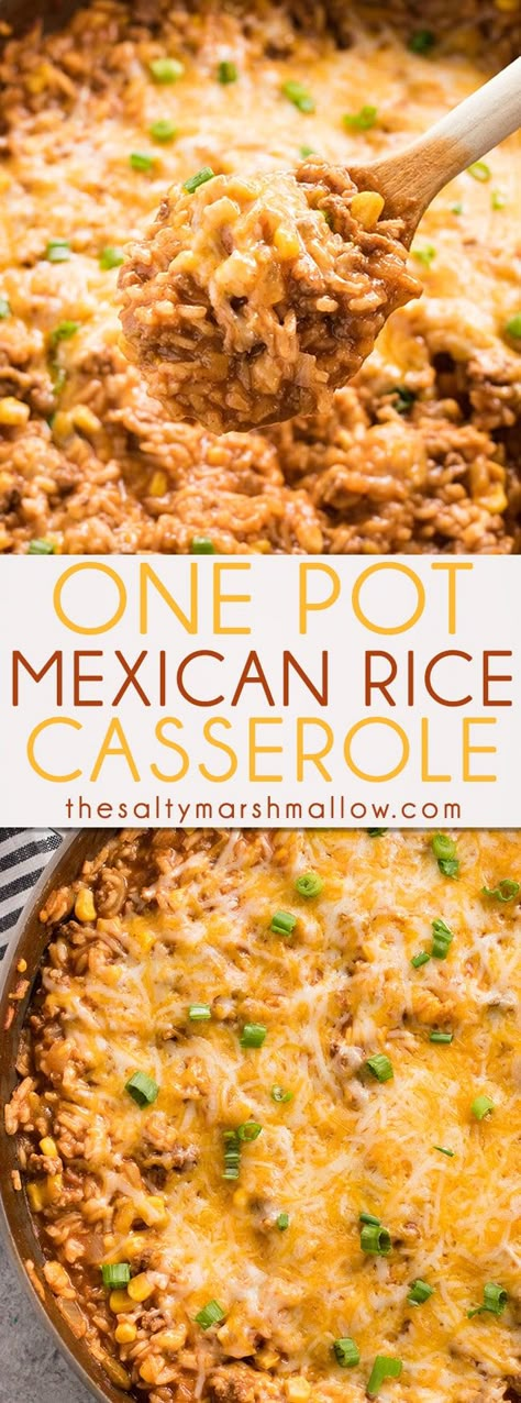 This One Pot Mexican Rice Casserole is a super flavorful, quick and easy ground beef recipe!  Your whole family will love this tasty casserole full of beef, rice, corn, and tons of taco flavor! #onepotmeal #casserole #mexicanrice #beef #dinnerrecipe One Pot Mexican Rice Casserole, One Pot Mexican Rice, Beef Recipes Easy Quick, One Pot Mexican, Casserole Mexican, Mexican Rice Casserole, Salad Quinoa, Beef Food Recipes, Ground Beef Recipe