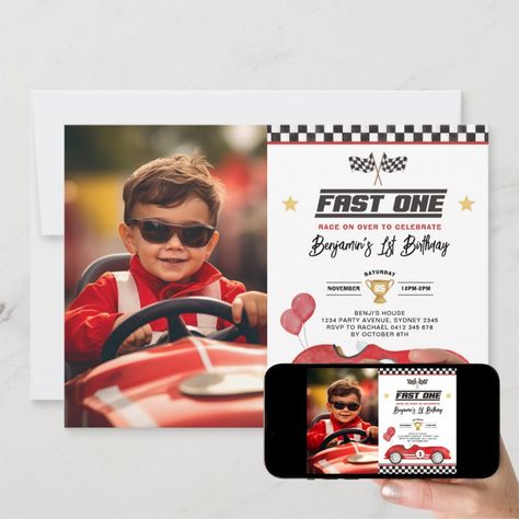 Car 1st Birthday, 2nd Birthday Photos, Racing Party, 1st Birthday Photo, Cars Birthday Invitations, Car Themed Parties, Course Automobile, Photo Birthday Invitations, Race Car Birthday