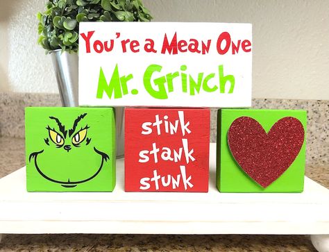 Grinch Christmas Decor Whoville Decor tiered Tray Decor | Etsy Wooden Blocks Christmas, Grinchmas Decorations Diy, Whoville Decor, Grinch Tiered Tray, Christmas Decor Grinch, Wood Signs Christmas, Christmas Whoville, Grinch Christmas Decor, Diy Christmas Crafts To Sell