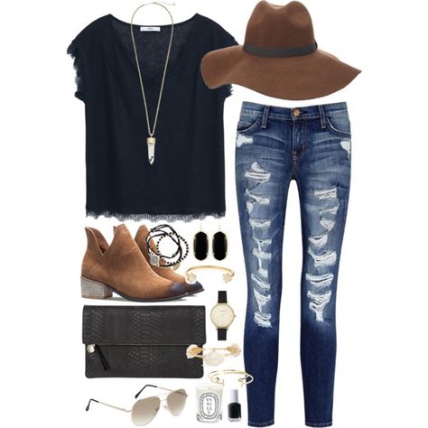 Black lace tee & floppy hat Brown Floppy Hat Outfit, Floppy Hat Outfit, Brown Hat, Teen Outfits, Outfits Polyvore, Lace Tee, Lizzie Fortunato, Clare V, Frayed Jeans