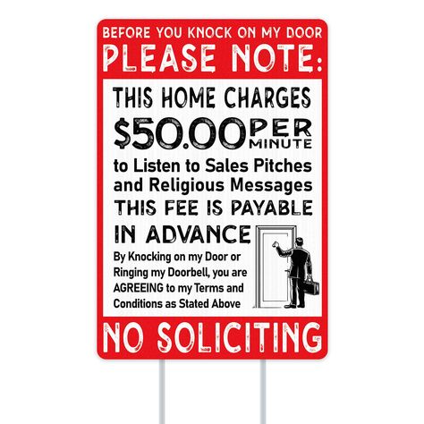 PRICES MAY VARY. 【Humorous Deterrent】: Funny message ''This home charges $50 per minute, no soliciting'', place this no soliciting sign for house in your yard lawn garden, adds a touch of humor while reminding the people don't knock the door or don not ring the doorbell, keep unwanted visitors away from your house home. 【Double Sided No Soliciting Yard Sign with Stakes】: Our No soliciting yard sign stand out with its unique double-sided design that ensures maximum visibility from all angles. Mea Funny No Soliciting Sign Front Doors, No Soliciting Svg Free, No Solicitors Sign Funny, Cricut No Soliciting Sign, No Soliciting Sign Funny Svg, No Soliciting, No Soliciting Signs, House Funny, Sign Stand