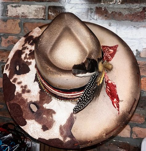 **Variations in materials used due to each hat being custom hand made. Design of hat will remain as close to original as possible** Wool/ polyester One Size Fits MOST. If you do not see a style you like, shoot us a message and we will try to create your vision!! Paint Cowboy Hat, Diy Western Accessories, Custom Fedora Hat Ideas, Custom Felt Hats, Custom Cowgirl Hats, Yellowstone Wedding, Burnt Hats, Western Hats For Women, Ffa Banquet