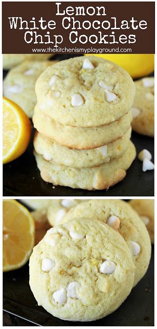 Lemon White Chocolate Chip Cookies ~ a tasty lemon-laced twist to your typical chocolate chip cookies! #lemoncookies #chocolatechipcookies #lemonlovers www.thekitchenismyplayground.com Lemon White Chocolate Cookies, Lemon White Chocolate Chip Cookies, Lemon White Chocolate, Lemon Cookies Recipes, Lemon Sugar Cookies, White Chocolate Chip, White Chocolate Chip Cookies, White Chocolate Cookies, Cookie Bar