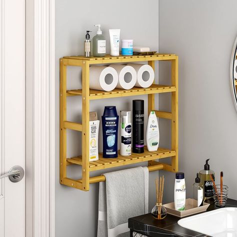 Over The Toilet Shelfs with Hanging Rod Bathroom Shelves for Storage 3 Tiers Adjustable Layer Bathtoom Storage (Bamboo) Hanging Bathroom Shelves, Over The Toilet Storage, Shelves For Wall, Bamboo Panels, Over The Toilet, Floating Shelves Bathroom, Bamboo Bathroom, Over Toilet, Restroom Decor