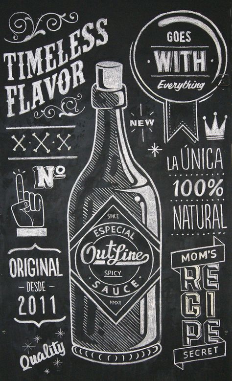 We decorated the blackboard in our studio as a "outline sauce" ad.The result is a illustration of the bottle combined with lettering.Here is a small stop motion video of the process. Prohibition Design, Chalkboard Drawing, Blackboard Art, Herbalife Shake Recipes, Chalk Design, Chalk Wall, Etiquette Vintage, Chalkboard Lettering, Chalk Lettering