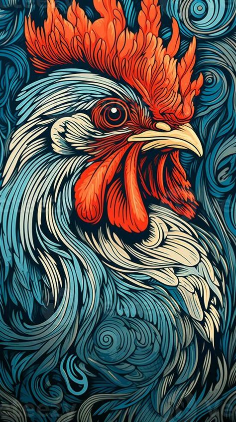 there is a rooster with a red head and a blue background. generative ai. Chicken Craft, Chicken Drawing, Mom Tattoo, Chicken Crafts, Rooster Art, Art Nouveau Tiles, Red Rooster, Chickens And Roosters, Red Head