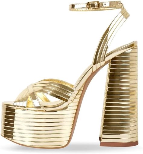 Amazon.com | Onlymaker Women's Platform Chunky Heels Sexy Ankle Strap Chunky High Heel Platform Sandals Open Toe Sparkly Gold Platform Heels 5 inch High Block Heel Fashion Dress Platrorm Heels Size 9 | Platforms & Wedges Platform Chunky Heels, Chunky Heel Platform Sandals, Gold Platform Heels, Comfort Chic, Reef Sandals, Chunky Heel Sandals, Bridal Sandals, Chunky High Heels, Platform Heels Chunky