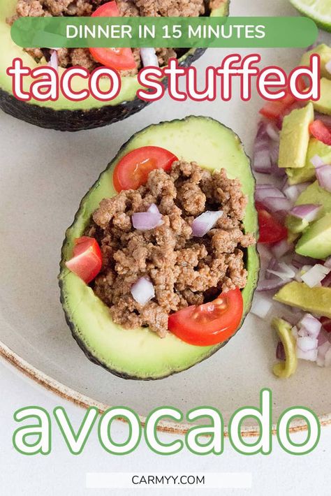 Tacos... but with an avocado. It's hard to go wrong with this switcharoo! Load up the halved avocados with the easiest taco meat and toppings of your choice for an easy dinner in under 30 minutes! Avocado Dinner, Ground Beef Taco Seasoning, Leftover Taco Meat, Avocado Dishes, Stuffed Avocado, Avocado Taco, How To Make Taco, Baked Avocado, Ground Beef Tacos