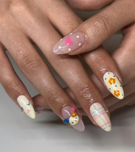 Can you believe these are handmade charms 🥹 my client loved these cute Usahana nails 🤭 y’all are doing amazing with all these creative sets 🩵 • make sure to book your next nail set with me 🤭🫶 • • Products used: @rarjsmofficial - nude base (light pink) @apresnailofficial - extend gel, medium almond nail tips @kupainc - base coat @youngnailsinc - keratin primer @ballpit_shop - Twice as nice, double trouble brushes, top coat, sun beam, and orange blossom gel polishes • • • • #sanantonionailtec... Butterfly Nail Charm Nails, Pink Nail Colors, Yellow Nails Design, Orange Nail Designs, White Nail Art, Almond Nail, White Nail Designs, Nails On Fleek, French Tip Nails