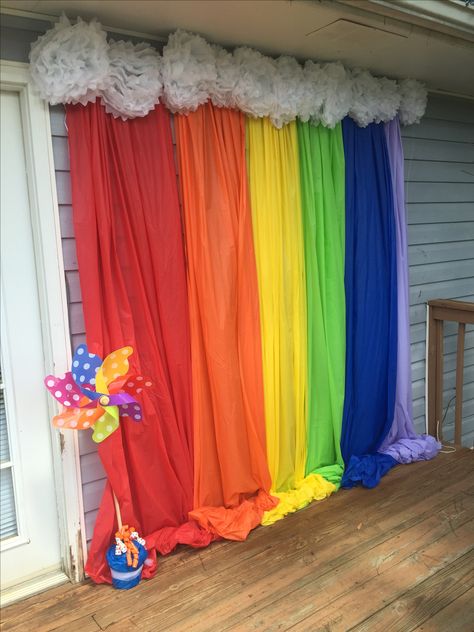 Photo backdrop! Hey! I Need A Favor!! Rainbow Backdrop Diy, Rainbow Wedding Decorations, Tie Dye Birthday Party, Rainbow Backdrop, Tie Dye Birthday, Rainbow Unicorn Birthday, Girls Birthday Party Themes, Rainbow Parties, Second Birthday Ideas