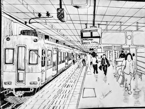 One point perspective drawing One Point Perspective Art Reference, One Point Perspective Illustration, One Point Perspective Railway Station, One Point Perspective Drawing Landscapes, Train Animation, Oc Tiktok, Perspective Sketches, One Point Perspective Drawing, 1 Point Perspective Drawing