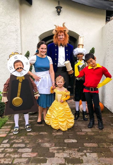 Beauty And Beast Halloween Costume, Beauty And Beast Group Costume, Beauty And The Best Family Costumes, Homemade Beauty And The Beast Costume, Disney World Halloween Costumes Family, Family Costume Beauty And The Beast, Beauty And Beast Costumes Family, Lumiere And Cogsworth Costume, Family Of 6 Costume Ideas