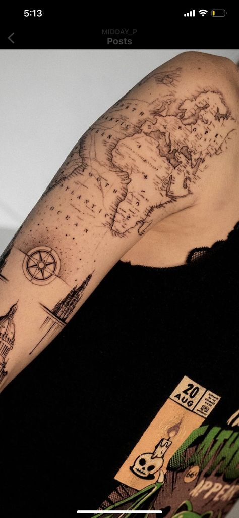 Men’s Sleeve Tattoo Ideas Geometric, Shoulder Map Tattoo, World Map Shoulder Tattoo, World Sleeve Tattoo, World Map Line Art Tattoo, World Map Travel Tattoo, Map Tattoo Women, World Map Tattoo Thigh, World Map Tattoo Women