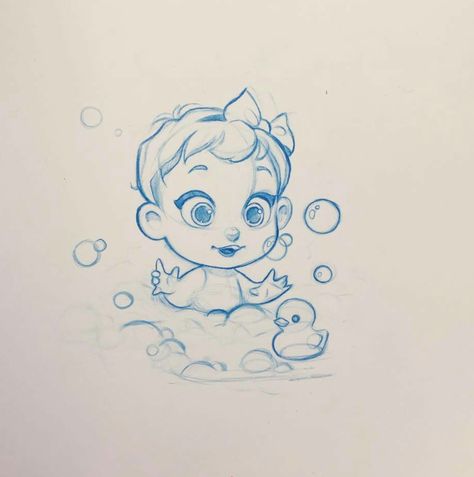 Very cute concept art sketch by Nicole Garber of a baby enjoying a bubble bath. Good example of cartooning character design Cute Concept Art, Baby Sketch, Drawing Eyes, Baby Illustration, Cute Sketches, Baby Drawing, Cartoon Sketches