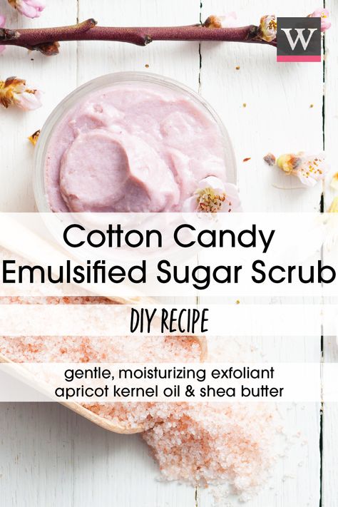 Shea Butter Body Scrub Diy, Emulsified Body Butter Recipe, Emulsified Sugar Scrub Recipe, Whipped Sugar Scrub Recipe, Shea Butter Body Scrub, Diy Cotton Candy, Sugar Scrub Homemade Recipe, Diy Sugar Scrubs, Scrub Recipe Diy