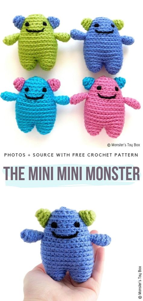 The Mini Mini Monster Free Crochet Pattern    #amigurumi Easy Crochet Monster Pattern Free, Crochet Kids Toys, Crocheted Amigurumi, Crochet Keychains, Crochet Pocket, Crochet Monsters, Cozy Crochet Patterns, Mini Monster, Pola Amigurumi