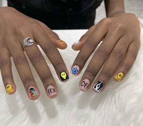 Mail Designs Men, Smiley Face Nails Men, Cool Painted Nails, Random Nail Art Designs, Fun Acrylic Nails Designs Short, Cool Nail Designs For Short Nails Men, Short Nail Designs Guys, Short Masculine Nail Art, Short Nail Designs For Men