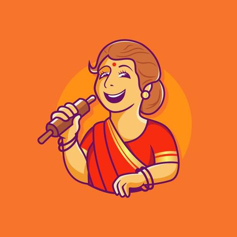 Traditional indian mother cooking chef v... | Premium Vector #Freepik #vector #logo #food #business #vintage Indian Chef Illustration, Mother Cooking Drawing, Traditional Food Logo Design, Indian Mother Illustration, Mother Cooking Illustration, Moms Kitchen Logo, Mom Cooking Illustration, Indian Mom Illustration, Indian Food Logo