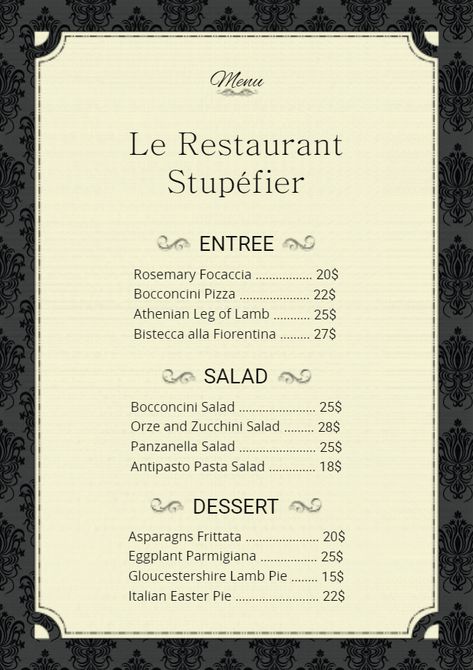 French restaurant menu template - black and white French Menu Card, French Restaurant Menu Design, French Menu Ideas, French Menu Design, French Restaurant Menu, French Cafe Menu, Breakfast Menu Design, Cafe Menu Template, French Meal