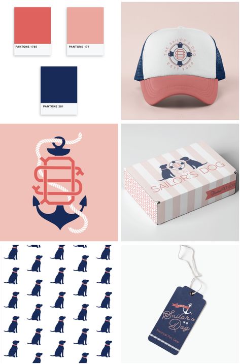 Coral and Navy Logo and patterns Nautical Branding Design, Nautical Design Graphic, Preppy Logo Design, Preppy Branding, Nautical Branding, Logo Mer, Nautical Graphic Design, Surf Branding, Dog Preppy