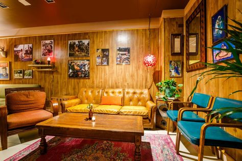 The Woodstock Opens Near High Line Wednesday With ’60s Vibes - Eater NY 60s Basement Bar, 70s Basement Bar, Retro Basement Bar, 70s Basement Aesthetic, 1970s Basement, Retro Basement Ideas, Groovy Basement, 70s Basement, 60s Living Room