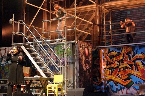 Rent scaffolding Stage Scaffolding Set Design, Scaffolding Set Design, Rent Musical Set Design, Godspell Set Design, Industrial Set Design, Layher Scaffolding, Rent Musical, Rocky Horror Show, Set Design Theatre