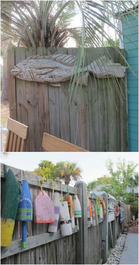 20 Amazing DIY Beach Décor Projects That Give Your Outdoors A Coastal Feel #diy #crafts #decorating #coastalprojects #beachdecor #home Diy Buoy, Nautical Landscaping, Beach Theme Backyard, Margaritaville Decor, Coastal Backyard, Outdoor Beach Decor, Buoy Decor, Beach House Landscaping, Coastal Landscaping