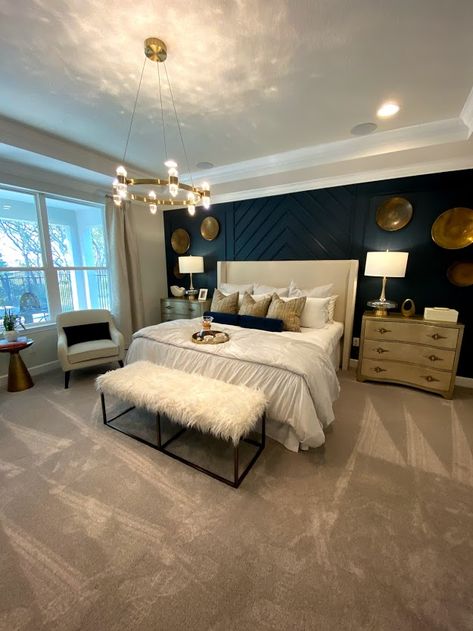 Dark Blue And Silver Bedroom Ideas, Navy Grey Gold Bedroom, Silver And Blue Bedroom Ideas, Room For Married Couple, Married Couple Room, Couple Room Ideas Bedrooms Married, Couple Bedroom Ideas Married, Classy Bedroom Ideas For Couples, Blue Master Bedrooms Decor