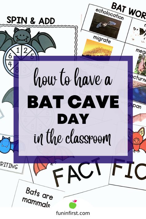 I absolutely LOVE teaching my students about bats. It’s a week that I look forward to every single year. The students just get so excited and can’t wait to learn more. This year after learning about bats all week, I decided to transform my classroom into a Bat Cave for the day. Transforming our classroom into a Bat Cave to end our week of learning about bats was one of the best days ever in our classroom. #FuninFirst #FirstGrade #FirstGradeActivities Bat Classroom Activities, Bat Week First Grade, Bat Unit First Grade, Bats First Grade Activities, Bat Learning Activities, Bat Classroom Transformation, Bat Math Kindergarten, Bat Echolocation Activities For Kids, Bat Activities For First Grade