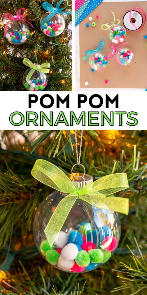 Simple pom pom ornaments that kids of all ages can create just in time for the Christmas holiday. There are only 3 simple steps. Pom Pom Ornaments, Childrens Christmas Crafts, Diy Christmas Tree Ornaments, Fun Christmas Crafts, Holiday Crafts For Kids, Kids Ornaments, Easy Christmas Diy, Christmas Cards To Make, Fun Activities For Kids