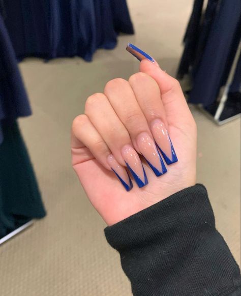 Blue Acrylic Nails Coffin Simple, Blue V Shape French Tip Nails, Coffin Dark Blue French Tip Nails, Blue Tip Nails Coffin, Navy And Beige Nails, Cute Nails Acrylic Dark Blue, Royal Blue Long Nails With Design, Royal Blue Prom Nails Long, Royal Blue French Tip Nails With Rhinestones