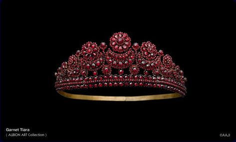 A heavily encrusted garnet and gold tiara, with circular flower heads on creacent moon motifs. Now with Albion Arts, Japan. Garnet Jewellery, Tiara Headpieces, Sparkling Jewelry, Tiaras Jewellery, Royal Tiaras, Gold Tiara, Sweet Jewelry, Headpiece Jewelry, Garnet And Gold