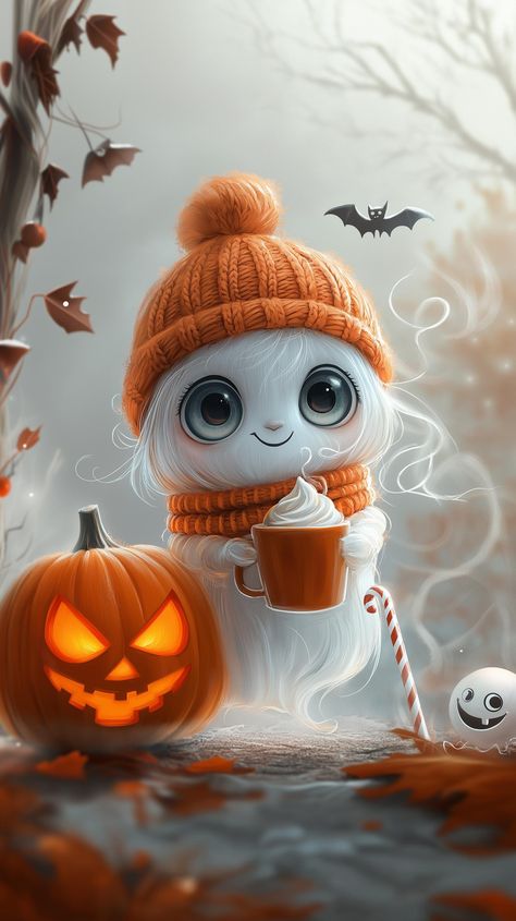 Get ready to celebrate Halloween in style with this adorable ghost t-shirt design! This cute, chibi-style ghost is wrapped in a cozy orange beanie and scarf, holding a steaming cup of hot cocoa topped with whipped cream and a candy cane. The ghost floats above the ground, adding an ethereal, playful touch to your spooky season wardrobe. Alongside the ghost is a glowing jack-o'-lantern, with bats flying in the background, giving the perfect blend of Halloween charm and cozy fall vibes. This t-shi Bats Flying, Cozy Fall Vibes, Orange Beanie, Bat Flying, Pumpkin Art, Halloween Charms, Ghost Halloween, Halloween Pictures, Halloween T Shirt