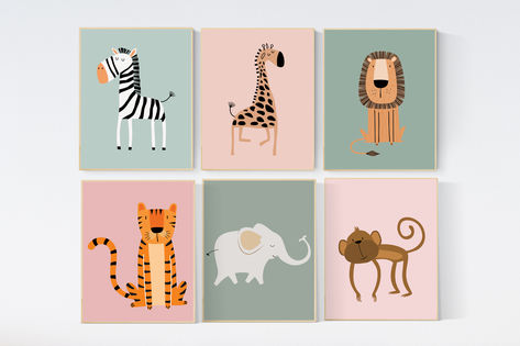 Safari Nursery Wall Prints, Boho Nursery Prints, jungle animals, blush and sage Green Nursery Art, animal Nursery Decor, animal prints Pink Nursery Safari, Pink Safari Nursery Not On The High Street, Blush Safari Animal Nursery, Jungle Safari Nursery Wall Art, Zebra Nursery Art, Jungle Nursery, Green Nursery, Animal Nursery Decor, Safari Nursery