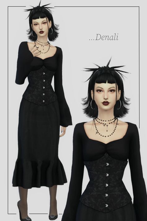 #sims4 #ts4 #sims4cc #fashion #magazine #aesthetic #sims4edit #vampire #goth #sims4lookbook Best Sims 4 Cc, Black Dress With Long Sleeves, Skin Overlay, Eye Contacts, Hair Earrings, Best Sims, Sims 4 Cc, Sims 4, Eyebrows