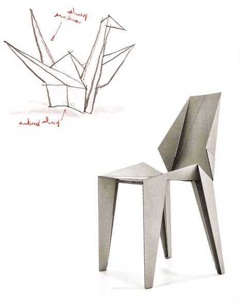 Origami chair. Two sheet of steel crossed and folded by hands. #matteocasalegno #timelessdesign #collectibledesign #timelessstyle… Folded Furniture, Paper Chair, Cardboard Models, Origami Chair, Chair Poster, Origami Furniture, Cardboard Chair, Form Architecture, Origami Architecture