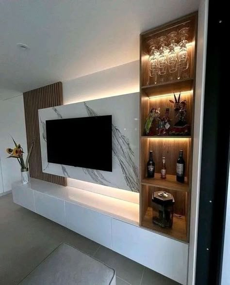 LCD screen panel ideas Tv Camino, Tv Cabinet Design Modern, Media Walls, Home Bar Ideas, Modern Tv Room, Dnevna Soba, Living Room Wall Designs, Tv Cabinet Design, Tv Unit Interior Design